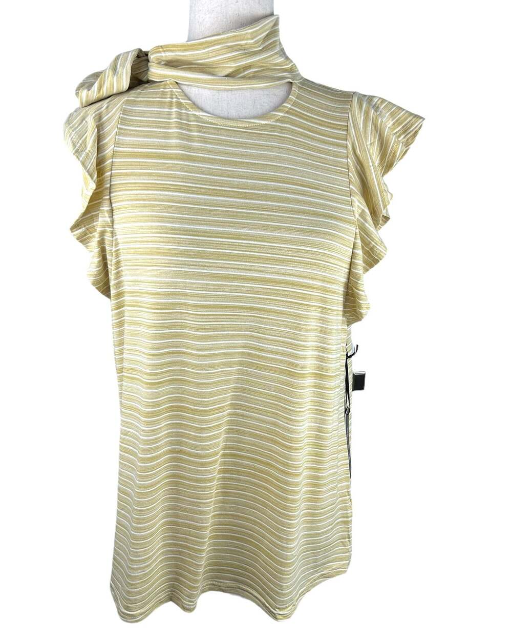 NEW Doe and Rae Yellow and White Stripe Ruffle Sleeve Tie Neck Size M